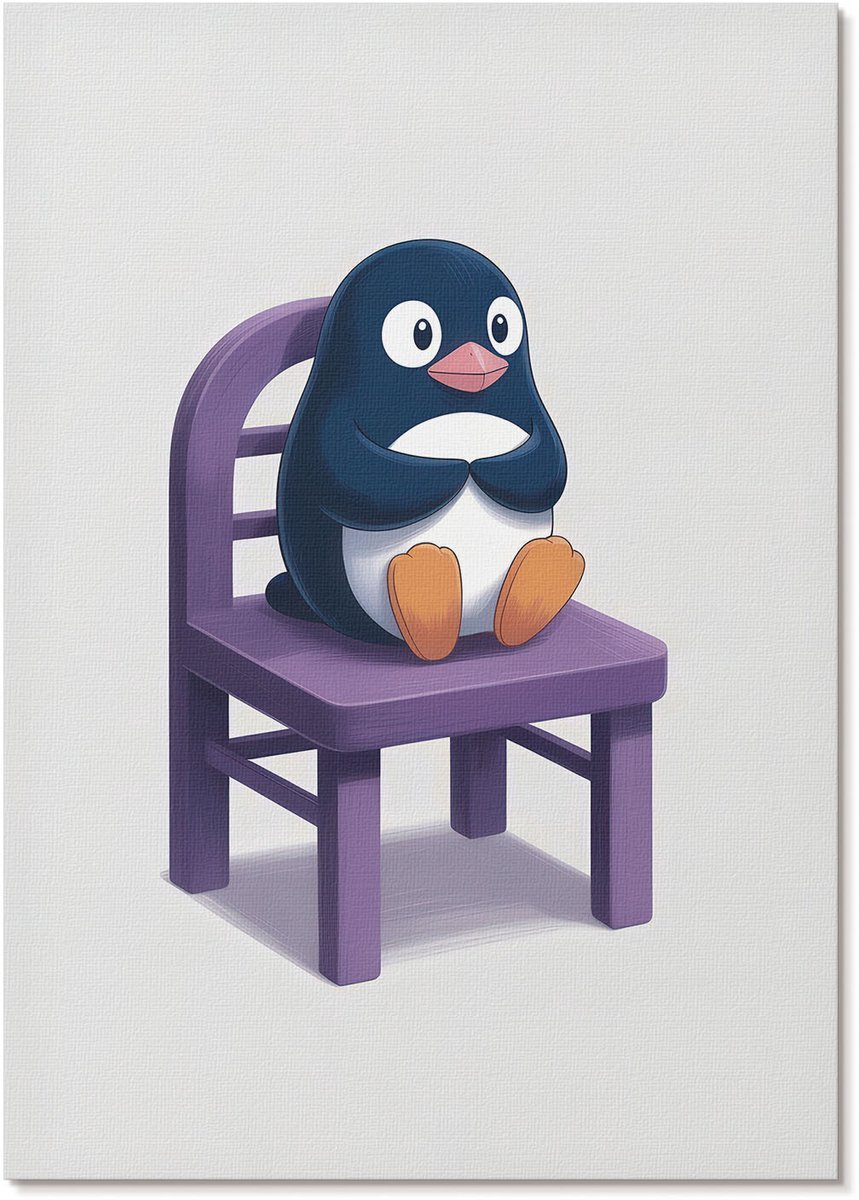 Tulup Polycanvas Poster - Pinguïn Op Een Stoel, Illustratie - A4 - Paars Kunst - Rechthoek - Kunstposter - Woonkamer, Slaapkamer, Kantoor - Kinder