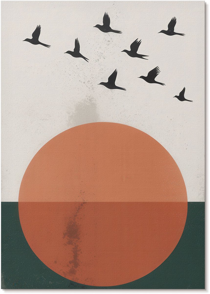 Tulup Polycanvas Wandposter - Vogels En De Zon, Illustratie - A4 - Oranje Kunst - Rechthoek - Wandkunstwerk - Woonkamer, Slaapkamer, Kantoor - Modern