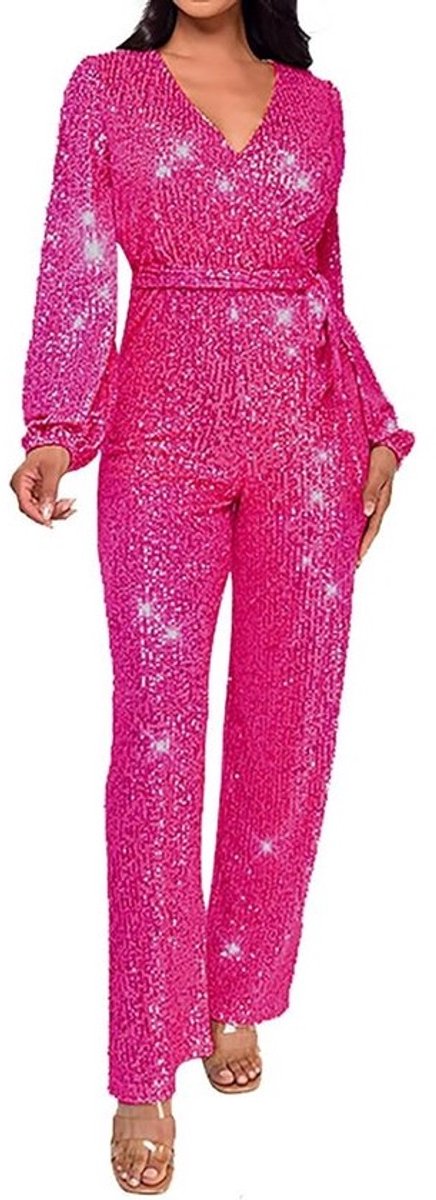 Dames Jumpsuit Glitter - Elegante Broekpakken - Feestelijke Gelegenheden - V-hals en Wijde Pijpen - Lange Mouwen - Zwart