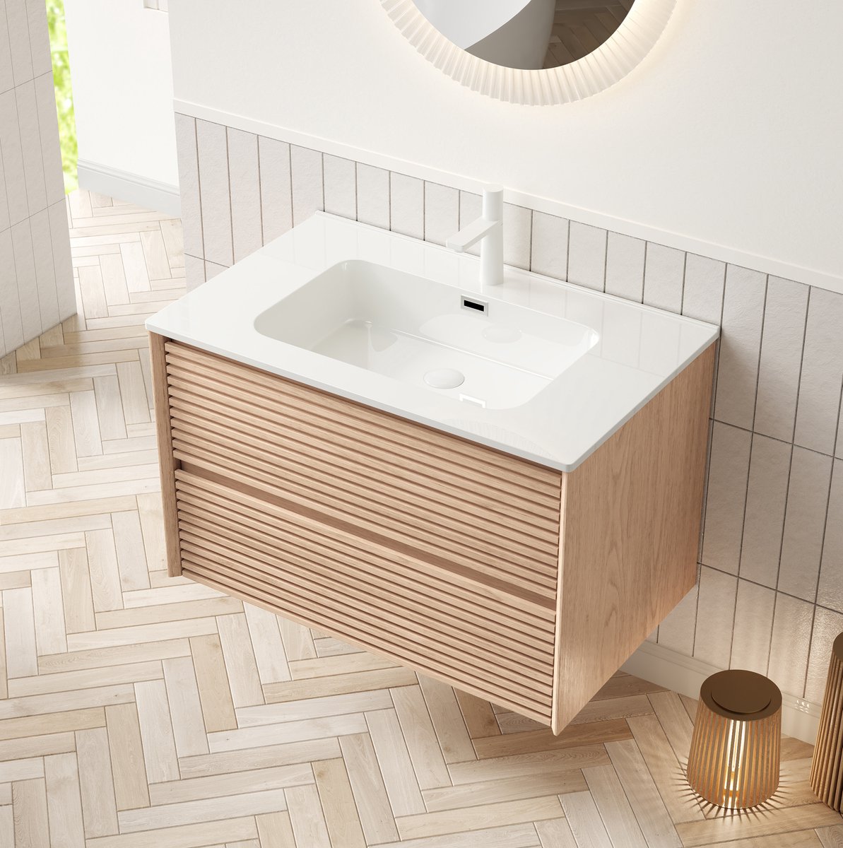 FloraGrace Ladekast - Wandgemonteerd Badkamermeubel Met Keramische Wastafel En 2 Lades - Voor Badkamer - Multiplex - Naturel Wit - 81 Cm
