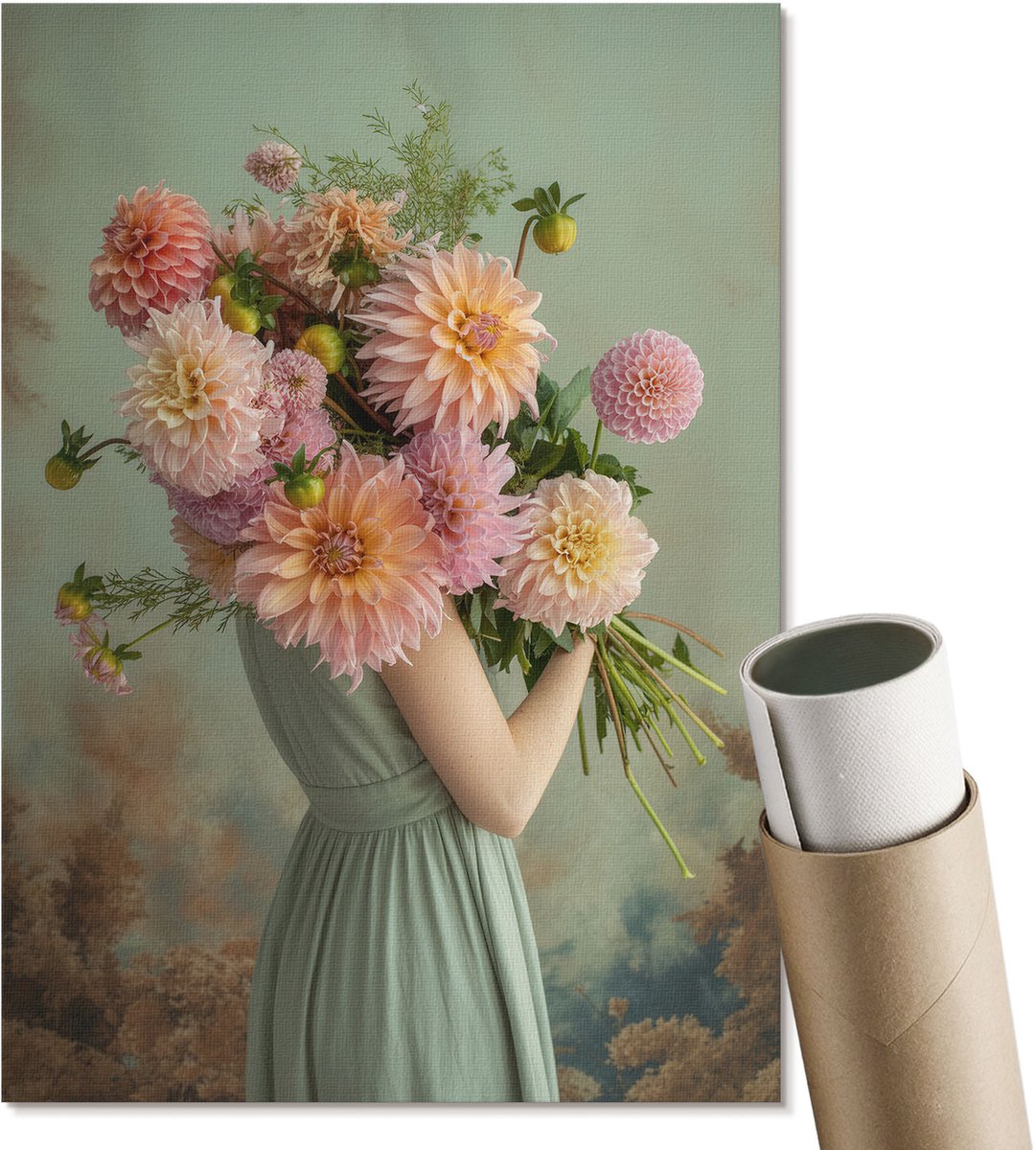 Coloray Polycanvas Poster - Bloemarrangement, Schilderen - A4 - Roze Motief - Rechthoek - Kunstposter - Woonkamer, Slaapkamer, Kantoor - Romantisch