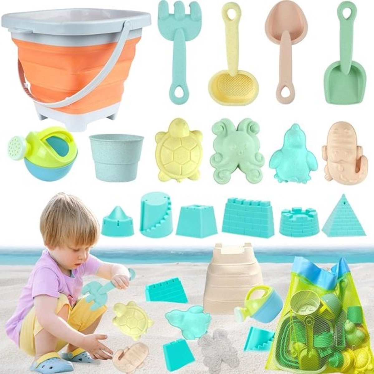 Strandspelletjes Kinderen - Zomerspeelgoed Set - Zandkasteel Bouwen - 18 Delige Set - Opvouwbare Emmer - Oranje