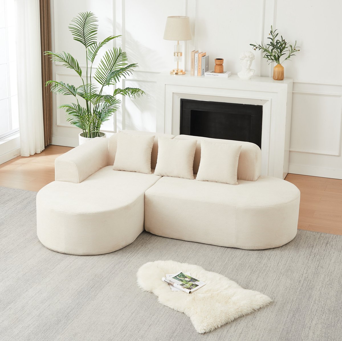 OKWISH Hoekbank 220 cm – Modulaire L-Vormige Bank Met 3 Kussens – Zachte Cord Bekleding En Gebogen Armleuningen – Voor Woonkamer En Speelkamer – Beige