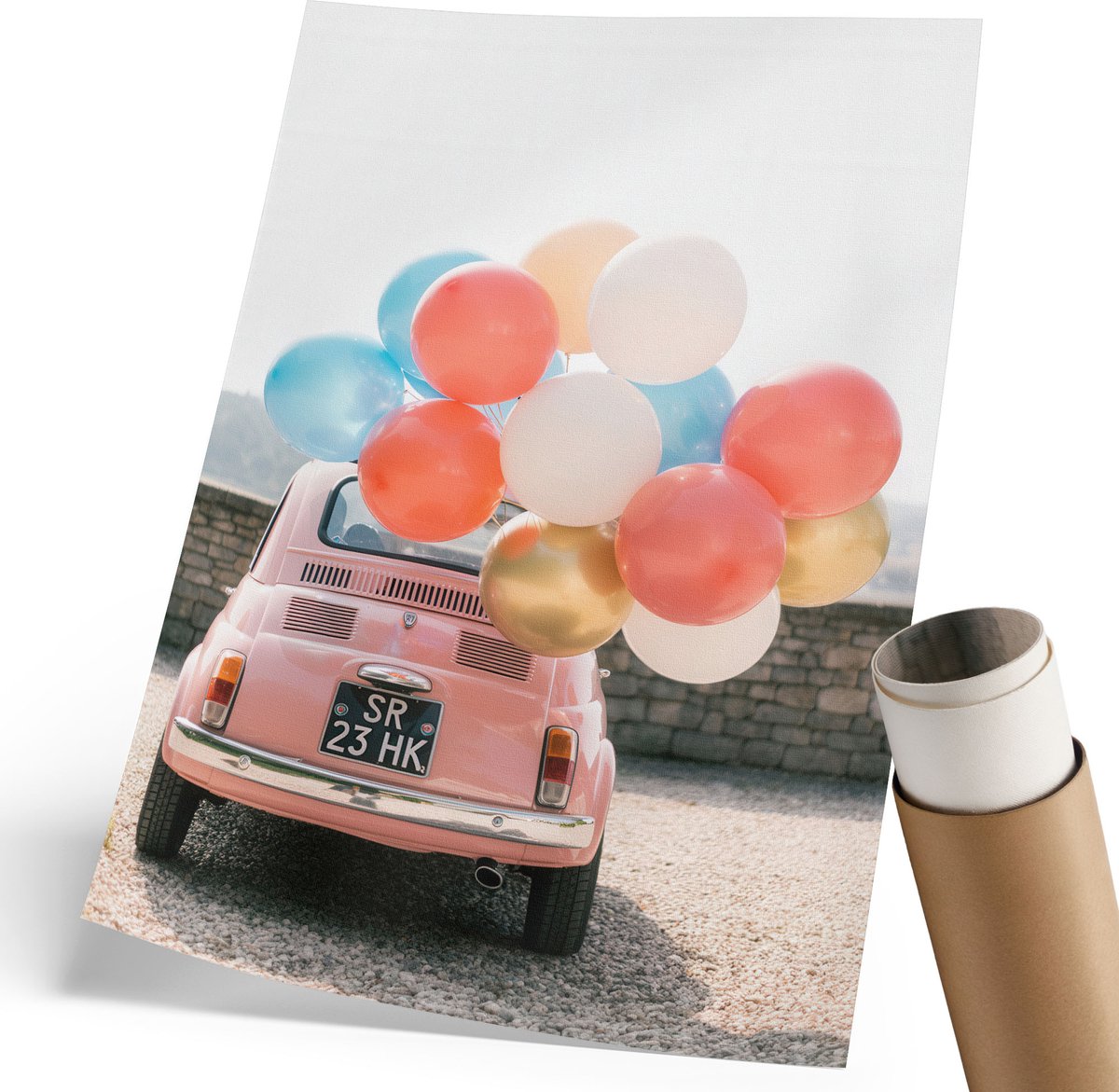Coloray Canvas Poster Polycanvas - Auto En Ballonnen, Fotografie - 210 x 297 mm - Roze Patroon - Rechthoek - Kunstposter - Woonkamer, Slaapkamer, Kantoor - Retro