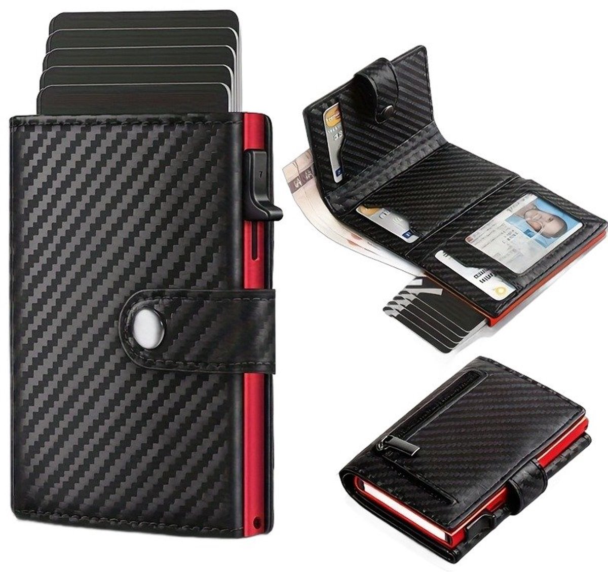 Currero Portomonee - Portemonnee Dames & Heren - RFID Anti Skim - Pasjeshouder - Klein Model - Met Rits - Kunstleer - Carbon Fiber + Rood