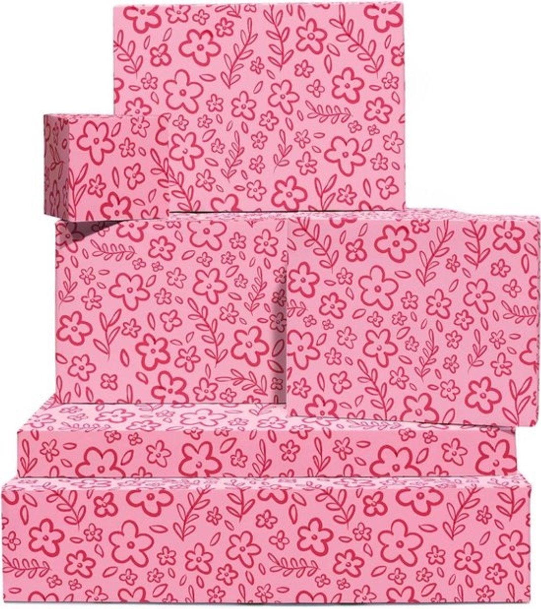 Roze Bloem Inpakpapier - Cadeaupapier Vellen - Cadeaus Versieren - Uniek Bloemendoodle Patroon - 6 vellen 70x50cm - Roze