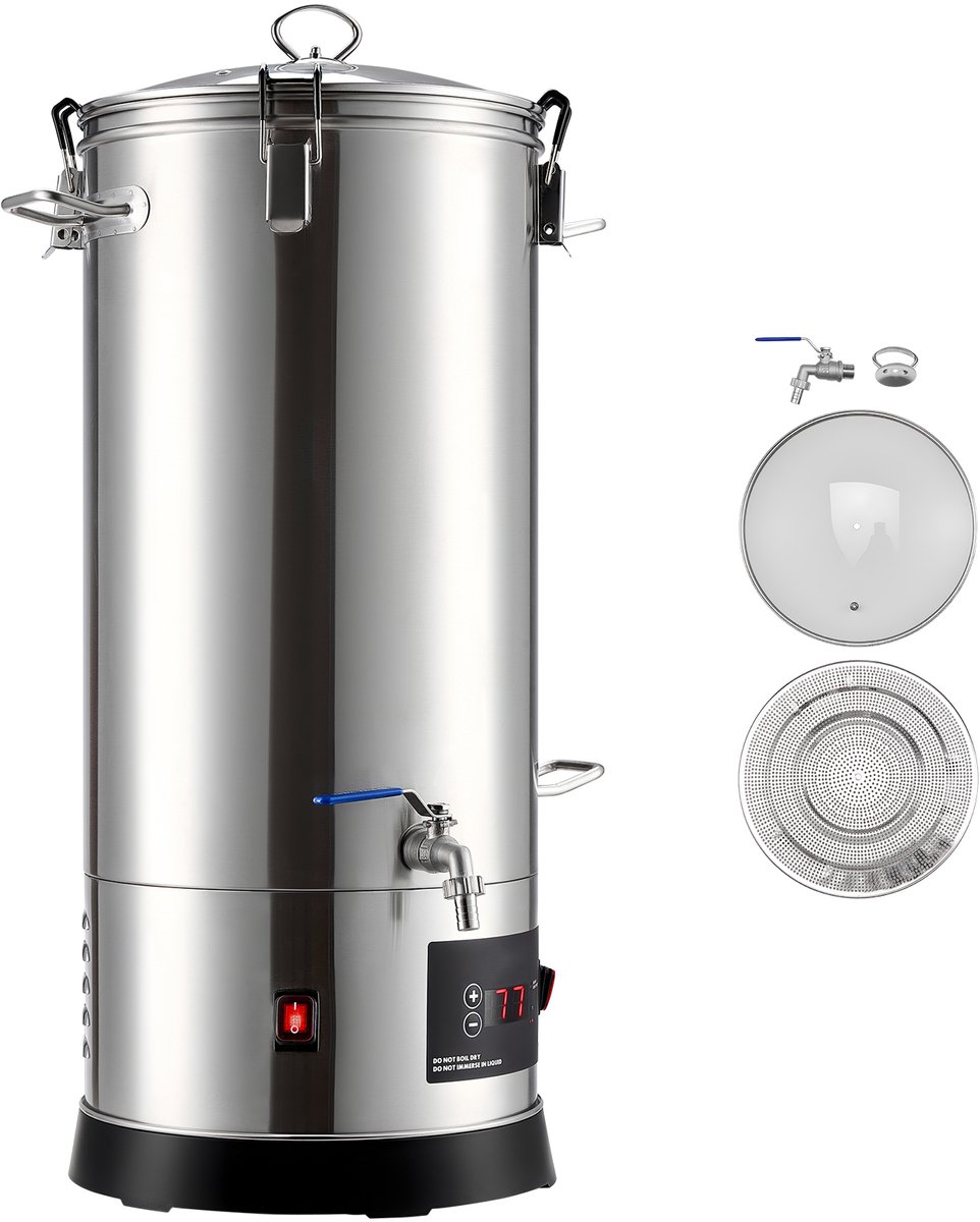 Elektrisch Bierbrouwsysteem, 30 liter Brouwketel voor Thuisgebruik, Vervaardigd uit 304 Roestvrij Staal, Maischkuip met Geïntegreerd Binnenvat, Stevige Handgreep en Tapkraan, Ideaal voor Bierbrouwen
