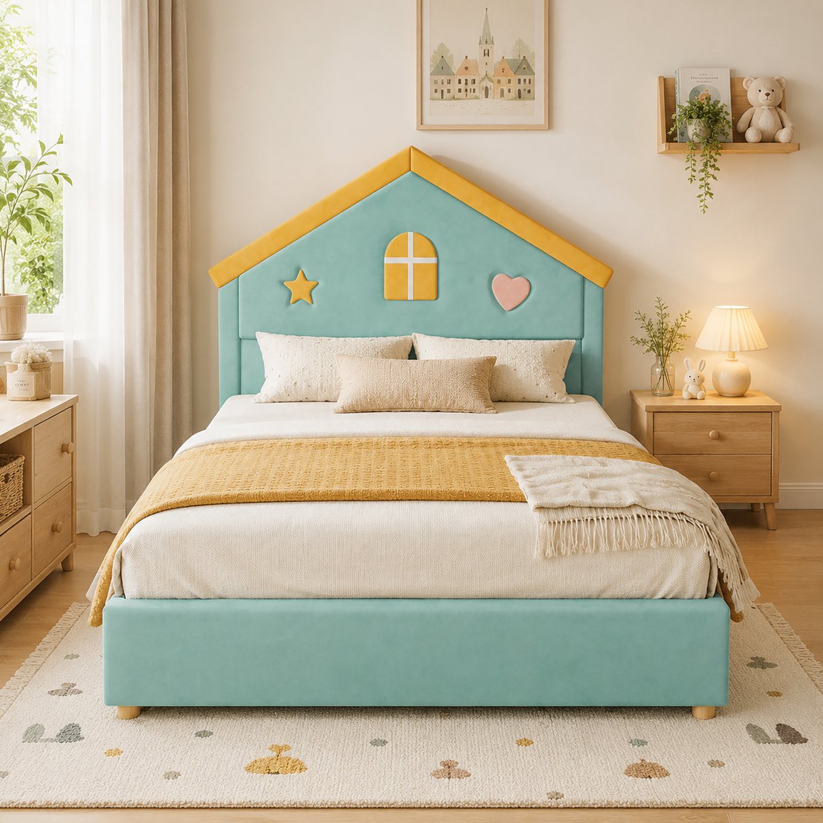 DESMIU Gestoffeerd Kinderbed 140x200cm – Huisbed Met 4 Lades En Opbergruimte – Voor Kinderkamer En Jeugdkamer – Frans Fluweel – Blauwgroen – Zonder Matras Blue+Green