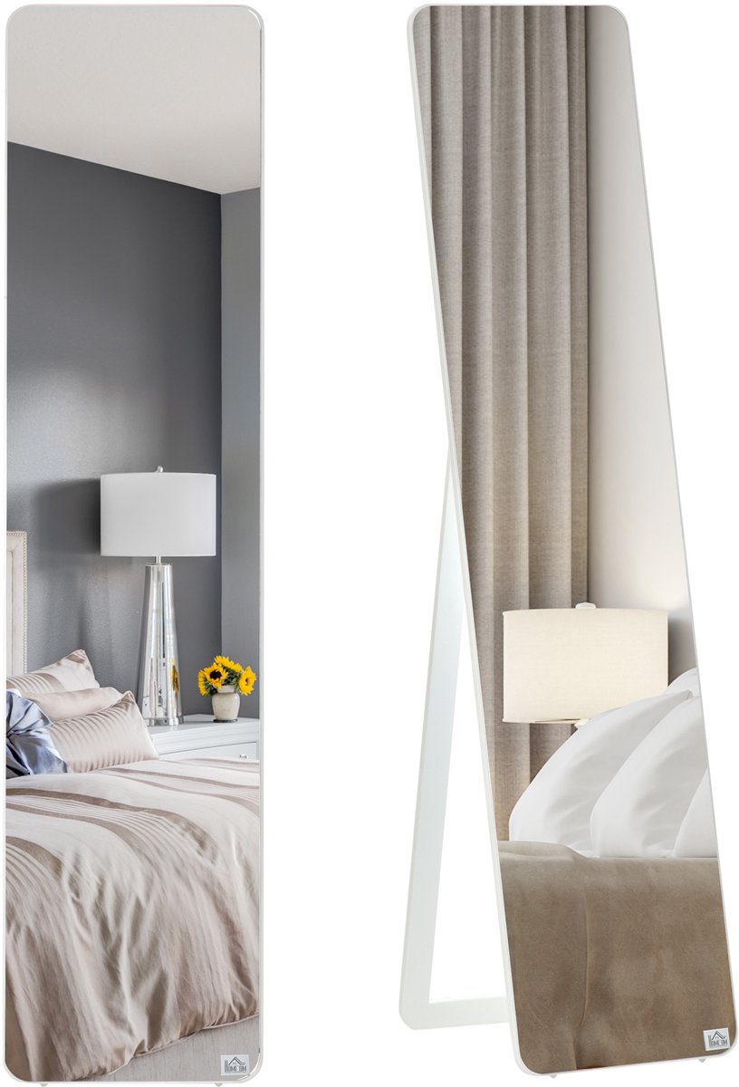 Staande spiegel passpiegel met frame make-up spiegel vrijstaand of aan de wand stabiel grenen hout wit 37 x 43 x 156 cm