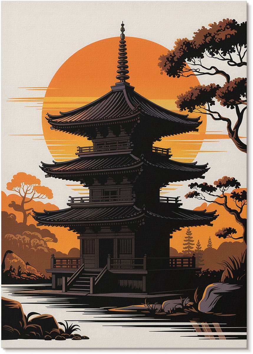 Tulup Polycanvas Wandposter - Oosterse Tempel, Illustratie - A4 - Oranje Design - Rechthoek - Wandkunstwerk - Woonkamer, Slaapkamer, Kantoor - Japanse