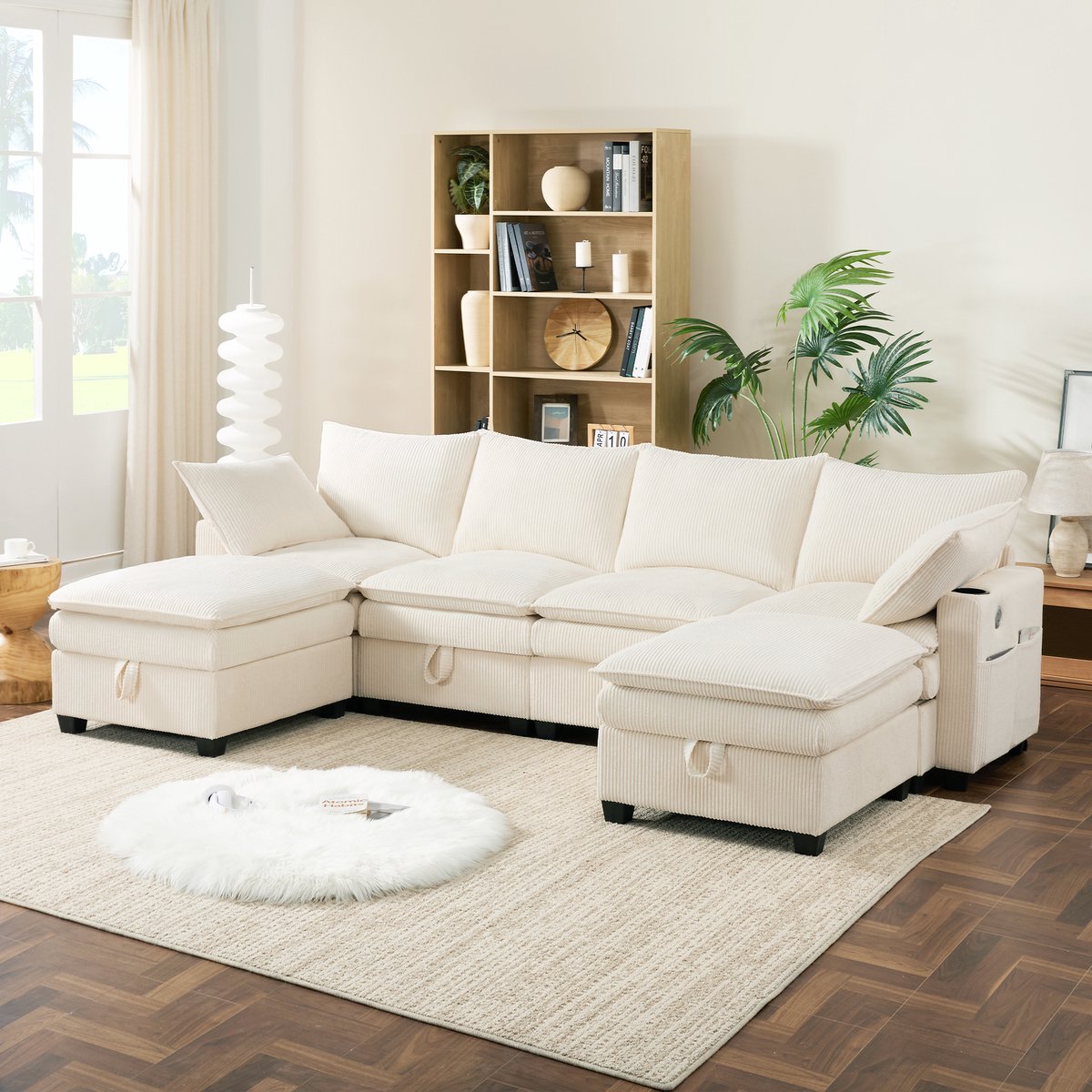 6-zits U-bank - 280 x 152 x 83 cm - corduroy bekleding - met opbergruimte - modulair samen te stellen - met USB-aansluiting - met bekerhouders - Beige
