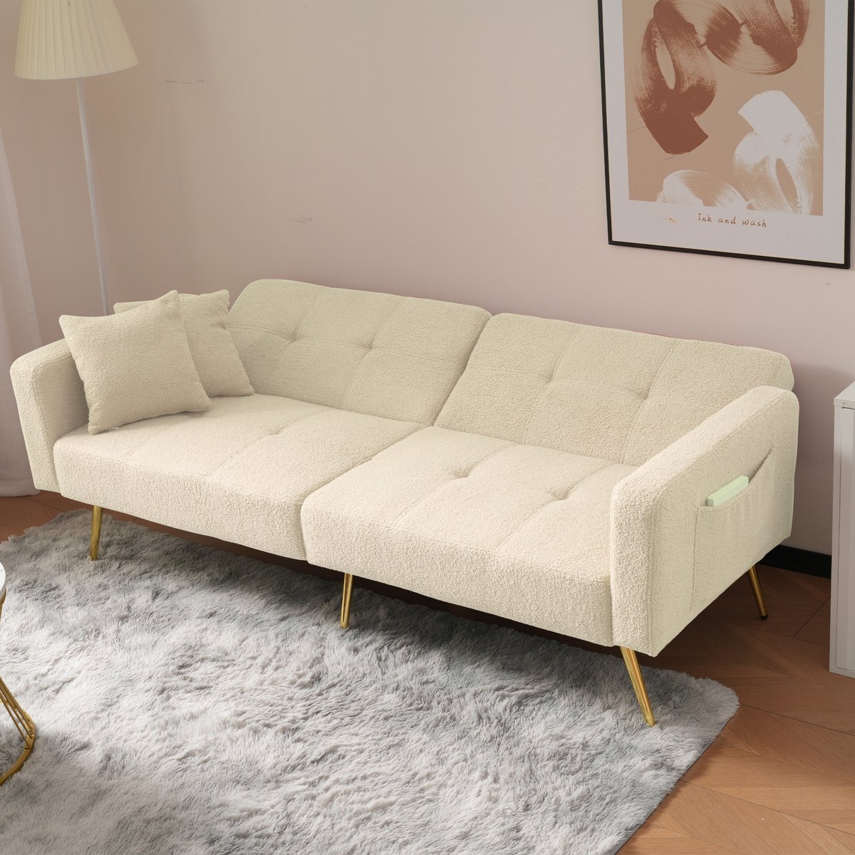 Slaapbank - 175 x 64 x 72 cm - met schuimvulling - met slaapfunctie - met verstelbare rugleuning - met opbergruimte - inclusief kussens - Beige