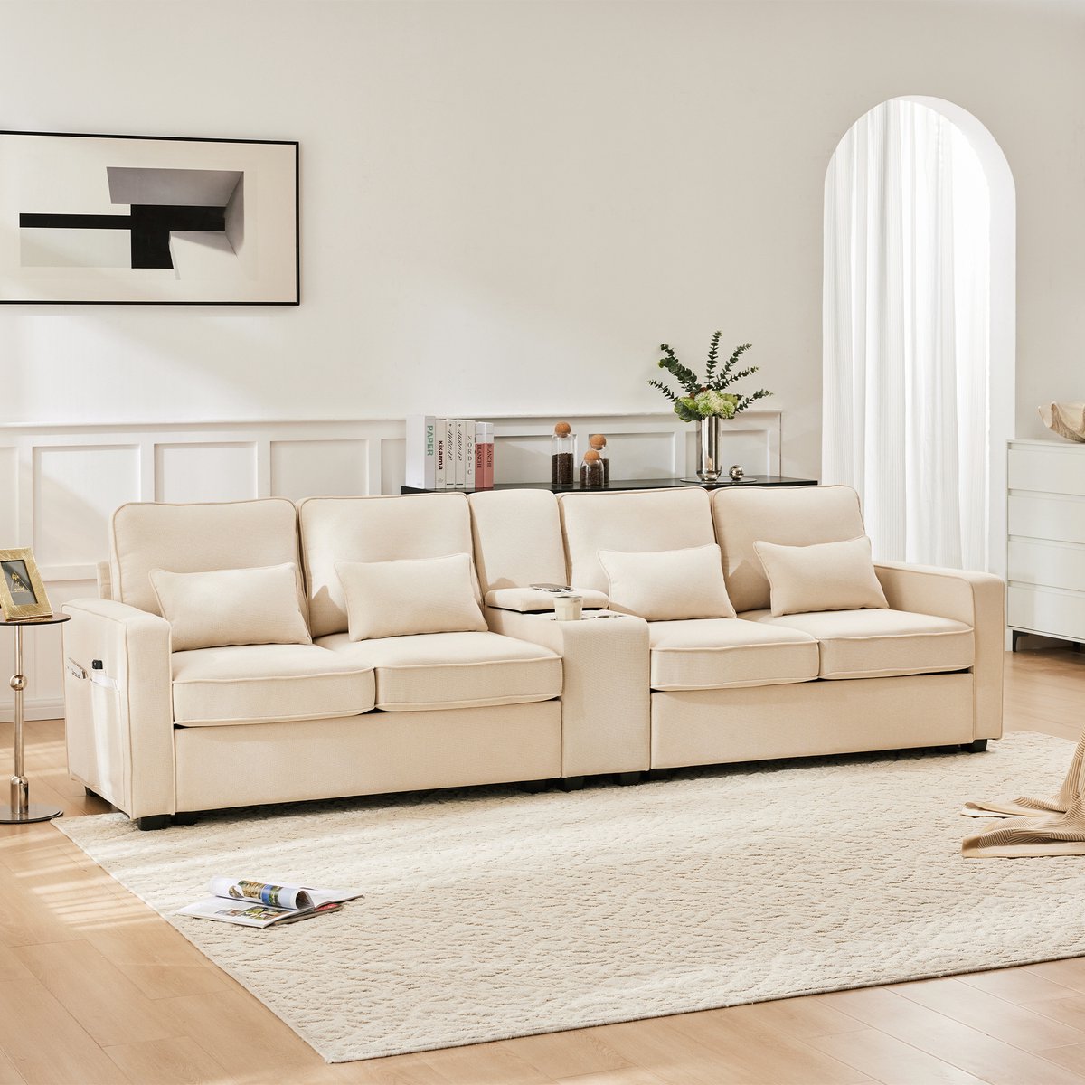 4-zits zitbank - 290 x 83 x 88 cm - linnenlook bekleding - met opbergruimte - met USB-aansluiting - met bekerhouders - inclusief kussens - Beige