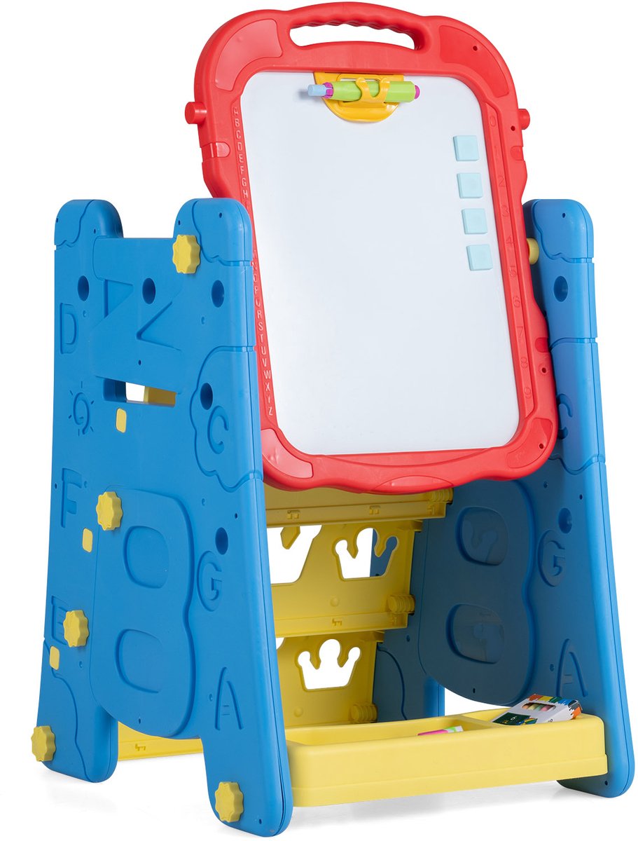COSTWAY 4-in-1 kinderbord, kinderezel met boekenrek (rood en blauw)