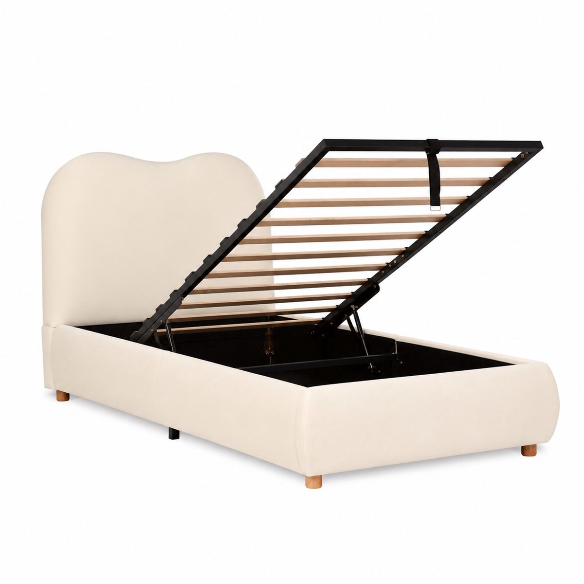 WUVRIE Kinderbed 90x200 cm met hydraulische opbergruimte, lattenbodem en zacht gestoffeerd hoofddeel, beige