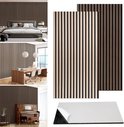 Twee zelfklevende akoestische wandpanelen: één met lichte houten latten, één met donkere walnootkleurige latten.
