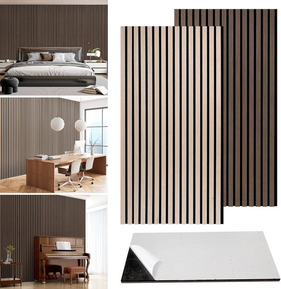 Twee zelfklevende akoestische wandpanelen: één met lichte houten latten, één met donkere walnootkleurige latten.
