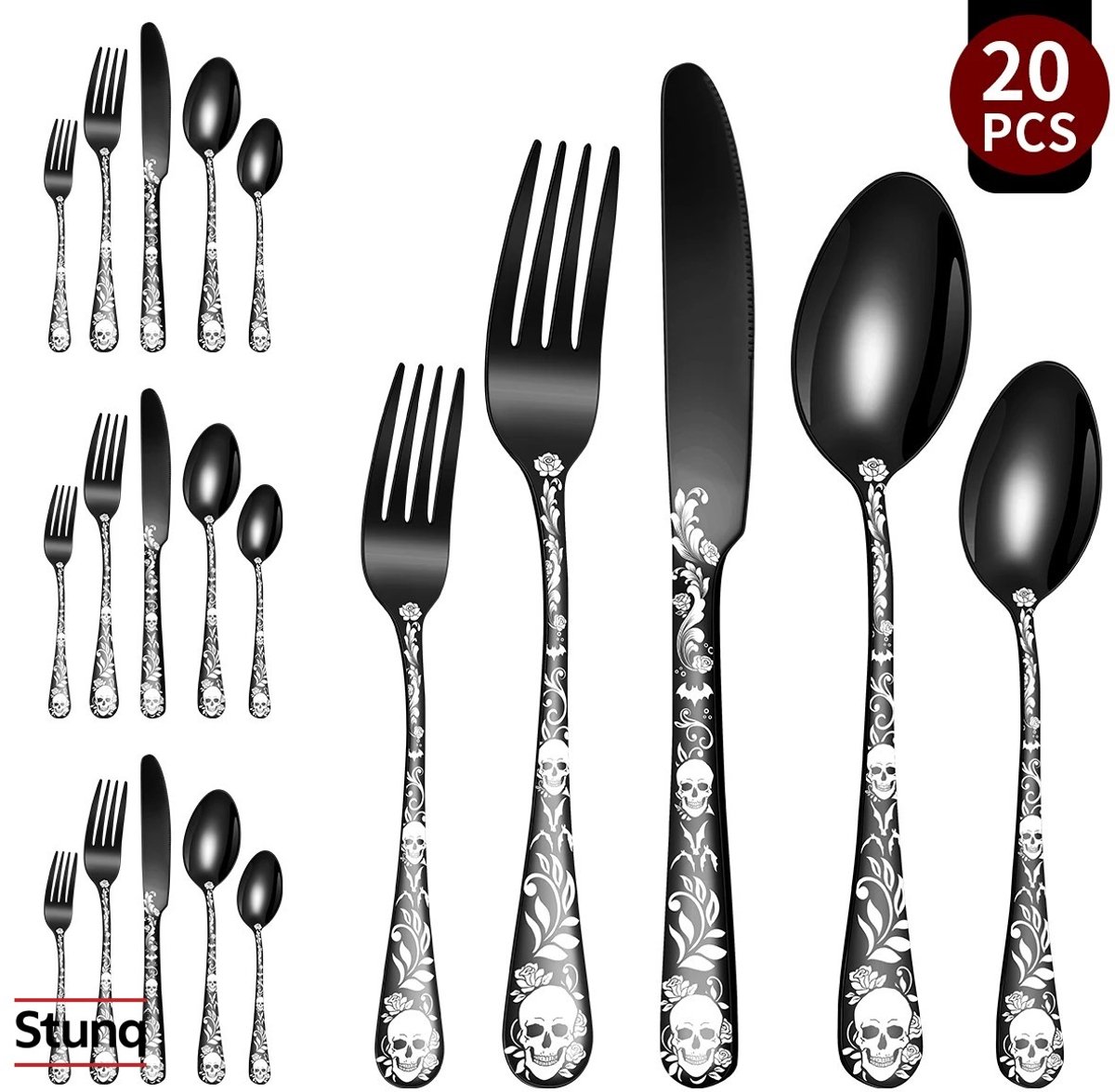 Stunq® 20-delige bestekset met schedelpatroon, zwart