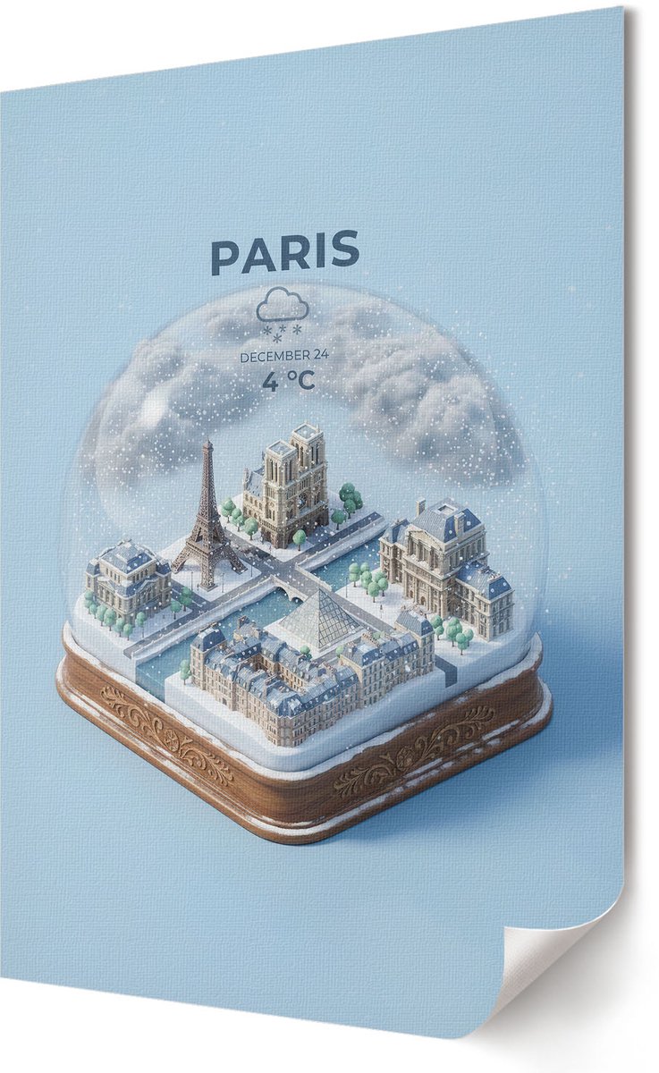 Coloray Canvas Poster Polycanvas - Sneeuwbol Parijs, Illustratie - 420 x 594 - Blauw Patroon - Rechthoek - Decoratieve poster - Woonkamer, Slaapkamer, Kantoor - Modern