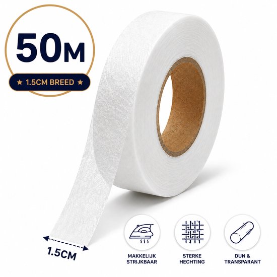 Rol witte zoomband, 50m lang, 1,5cm breed. Makkelijk strijkbaar, sterke hechting, dun & transparant.