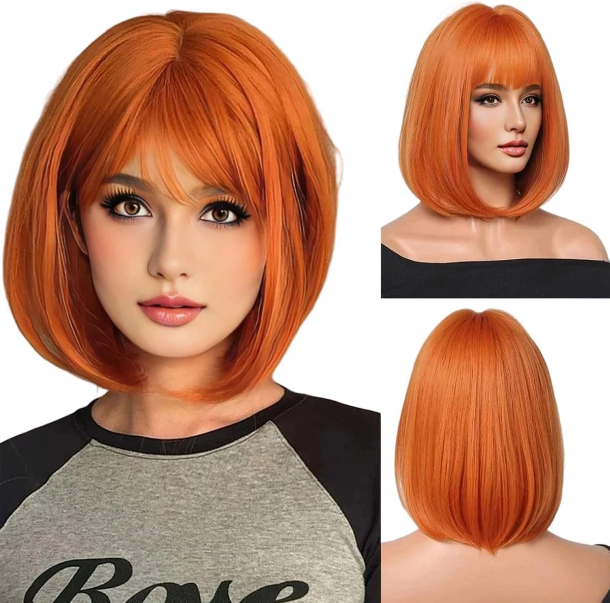Kleurvolle Rechte Bobperman met Pony in Oranje voor Halloween Kostuum en Feestjes, Sintetisch Haar