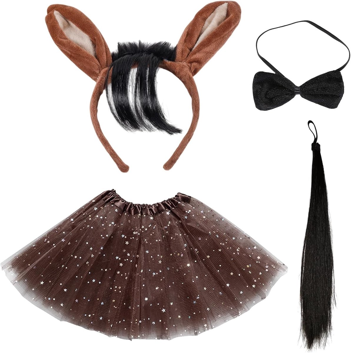 Paard Kostuum Set 4 Delen met Bruine Paardenoren, Haarband en Ponytail Pluche Strik Tutu Kostuum voor Kinderen, Perfect voor Kerst, Boerderijfeest en Halloween