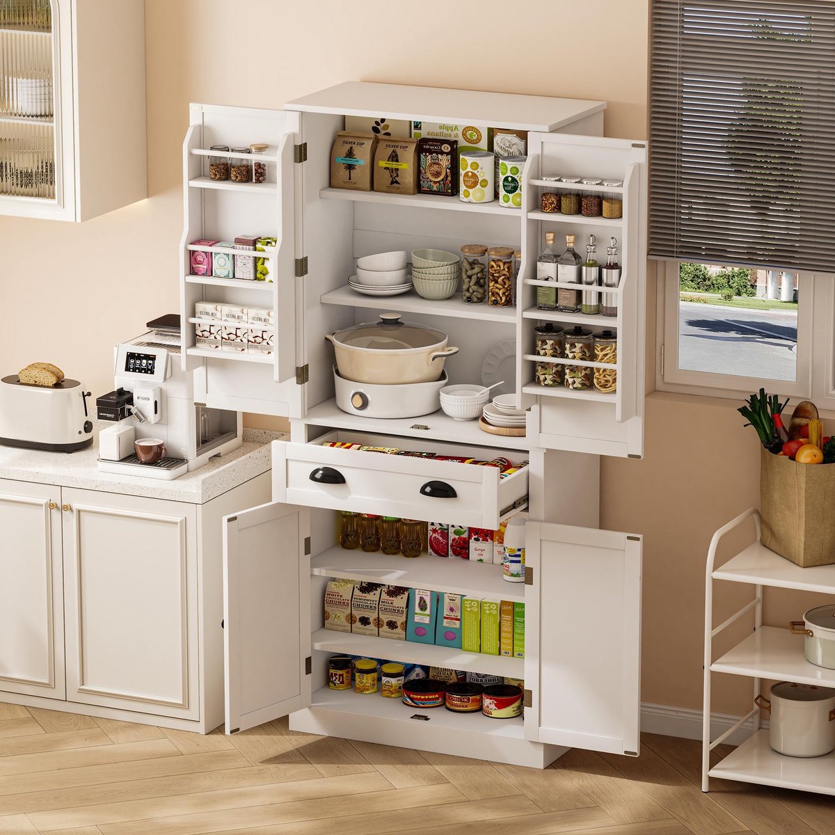 Clruro Opbergkast - 80x40x182 cm - met 4 Deuren, Lade en Verstelbare Planken - Keuken Kast - MDF - Wit