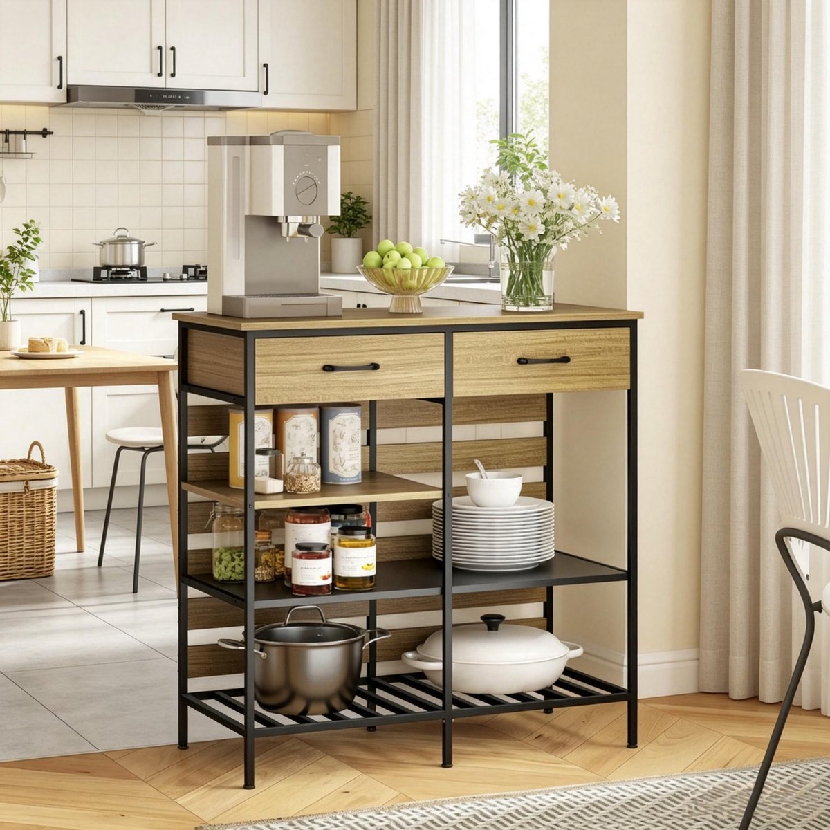 Clruro Keukenbuffet - 90x40x91 cm - met 2 Laden en 3 Open Vakken - Opbergkast - Spaanplaat/Staal - Zwart