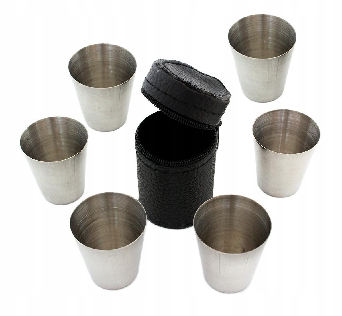 Set van 6 RVS Drinkbekers 30ml met Zwart Kunstlederen Etui