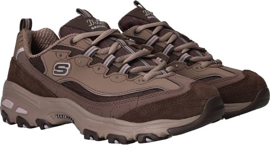 Bruine Skechers D'Lites sneakers met veters en S-logo.