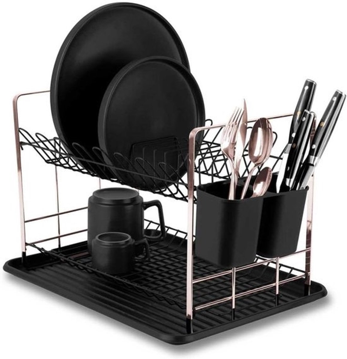 Afdruiprek Keuken - Droogrek Servies - Keuken Organiseren - Twee-laags Ontwerp - 44 x 44 x 11.5 cm - Zwart Roségoud