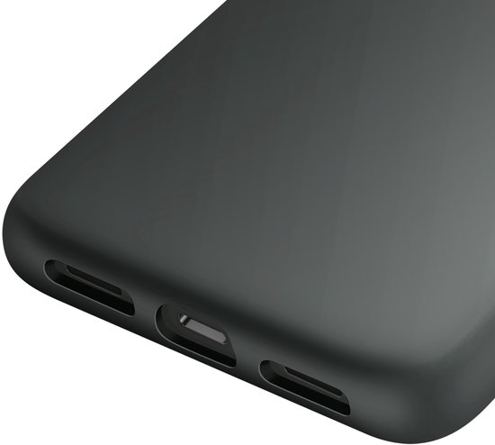 Onderkant van een donkergrijs telefoonhoesje met drie openingen.