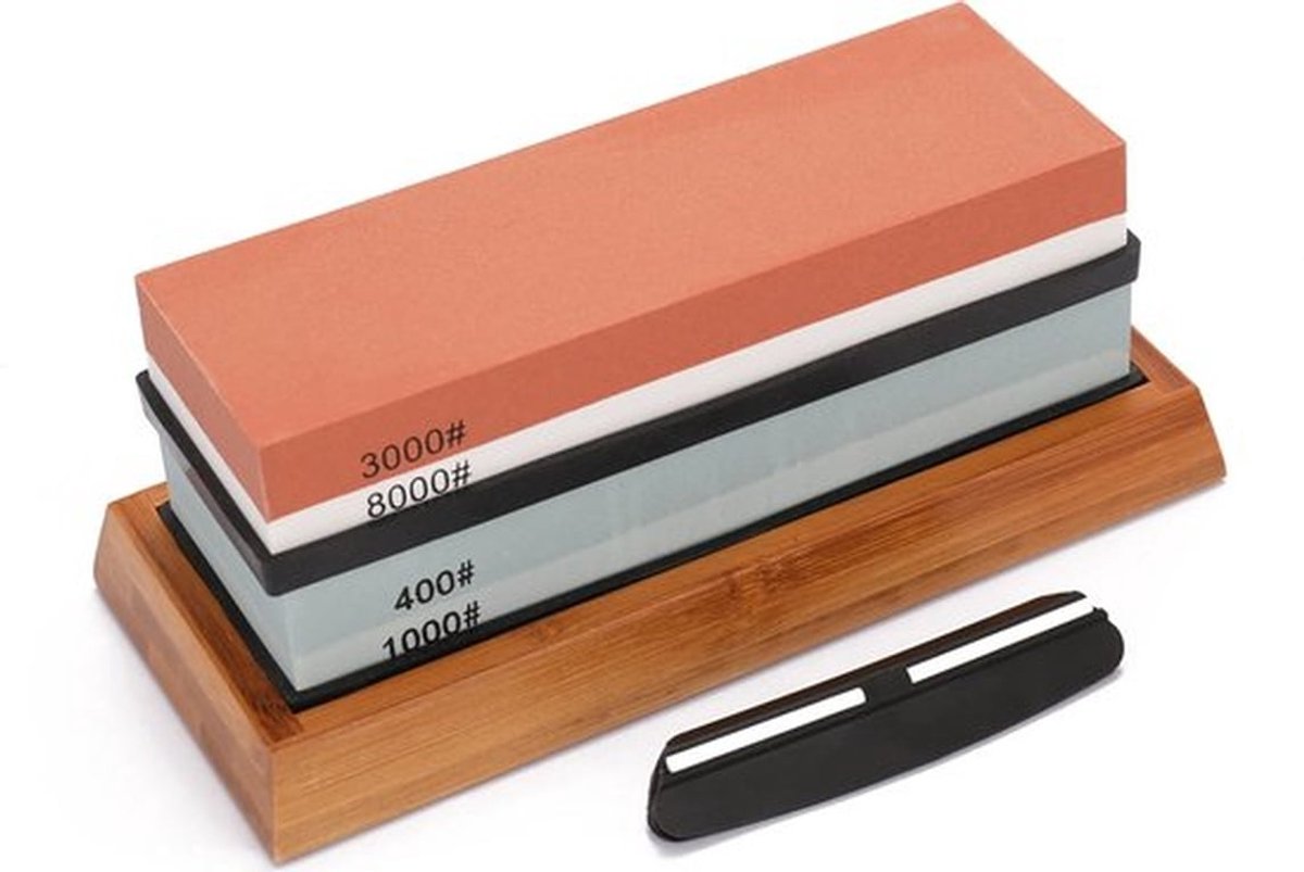 Set hoogwaardige slijpstenen met korrelgroottes 400/1000/3000/8000, geschikt geschikt voor alle soorten messen, antislipvoet, inclusief snijder.