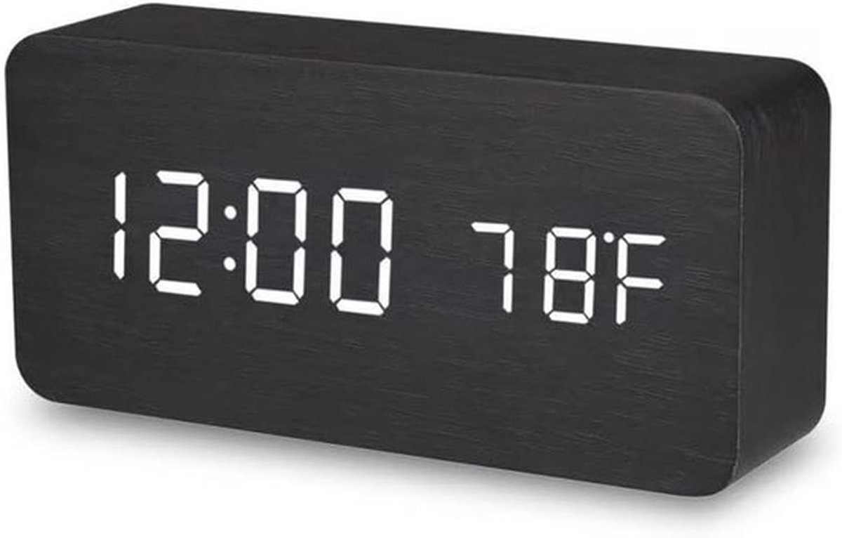 Batterijgevoede digitale klok geschikt voor de slaapkamer en woonkamer, nachtkastklok met temperatuurweergave, kantoorlook met houten afwerking (zwart).