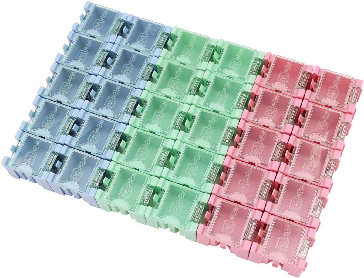 30-delige SMD SMT Weerstand en Condensator Organizer, Duurzame Afneembare Opbergdoos voor Elektronische Onderdelen en Sieraden - Blauw Rood Groen