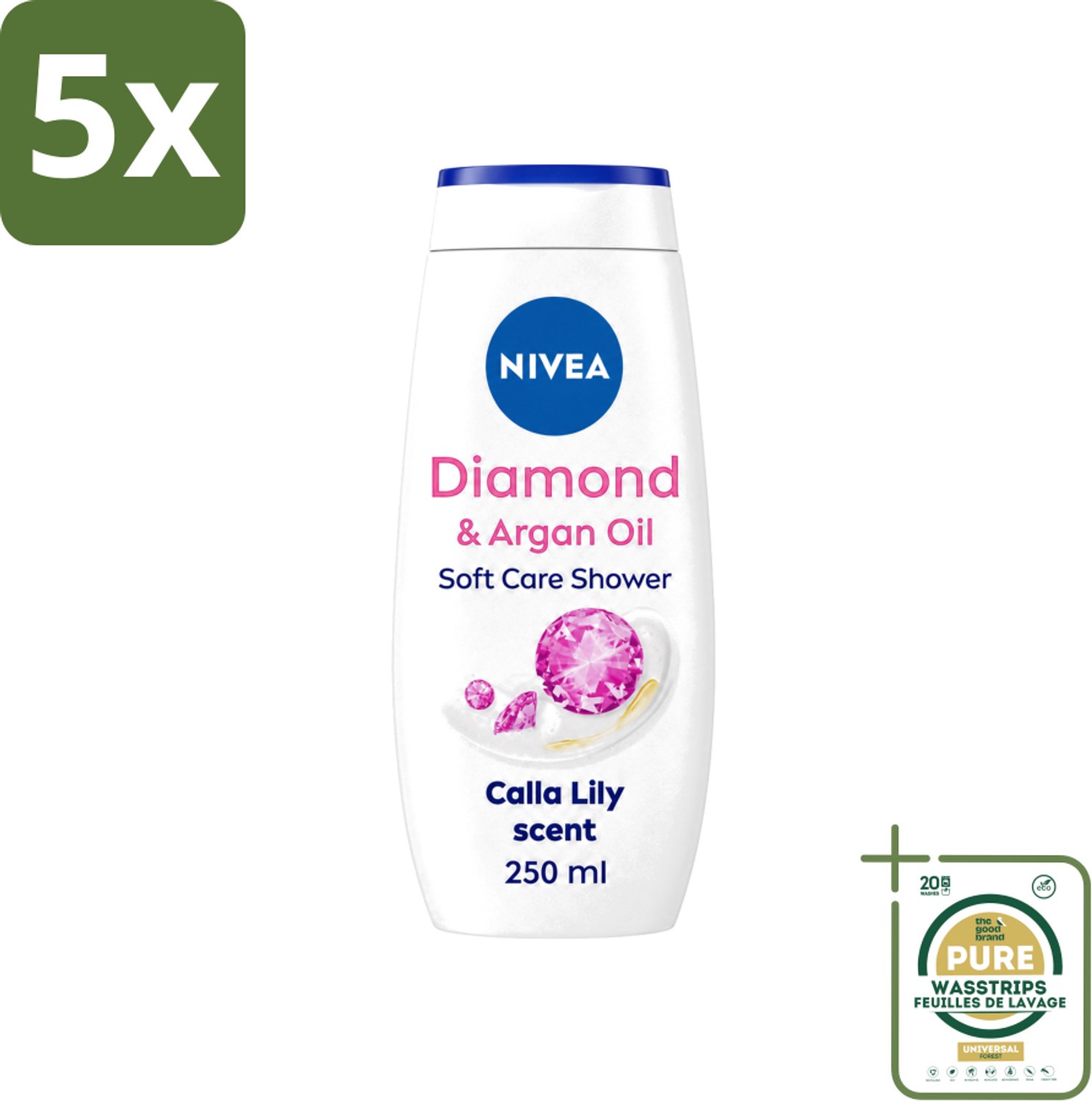 5 x Nivea - Diamond Touch Douchegel - Sensuele Leliegeur - 250 ml - Wasstrips - Douchegel - Diamantpoeder - Witte Aronskelk - Hydratatie - Luxe Douchegel
