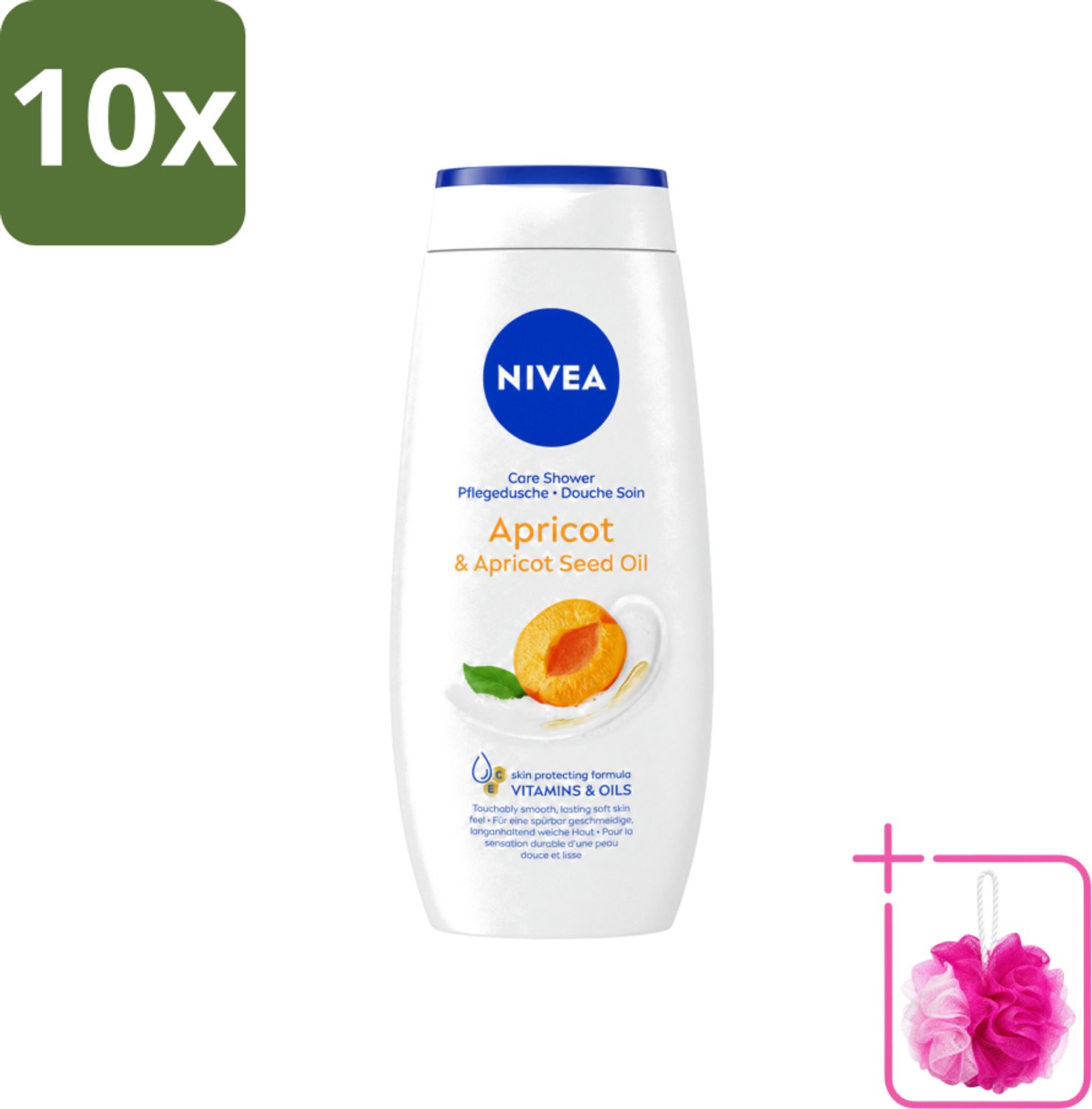 10 x Nivea - Douchegel - Soft Apricot - Huidbeschermend - 250 ml - Bulkverpakking - Douchegel - Douchemop - Huidbeschermend
