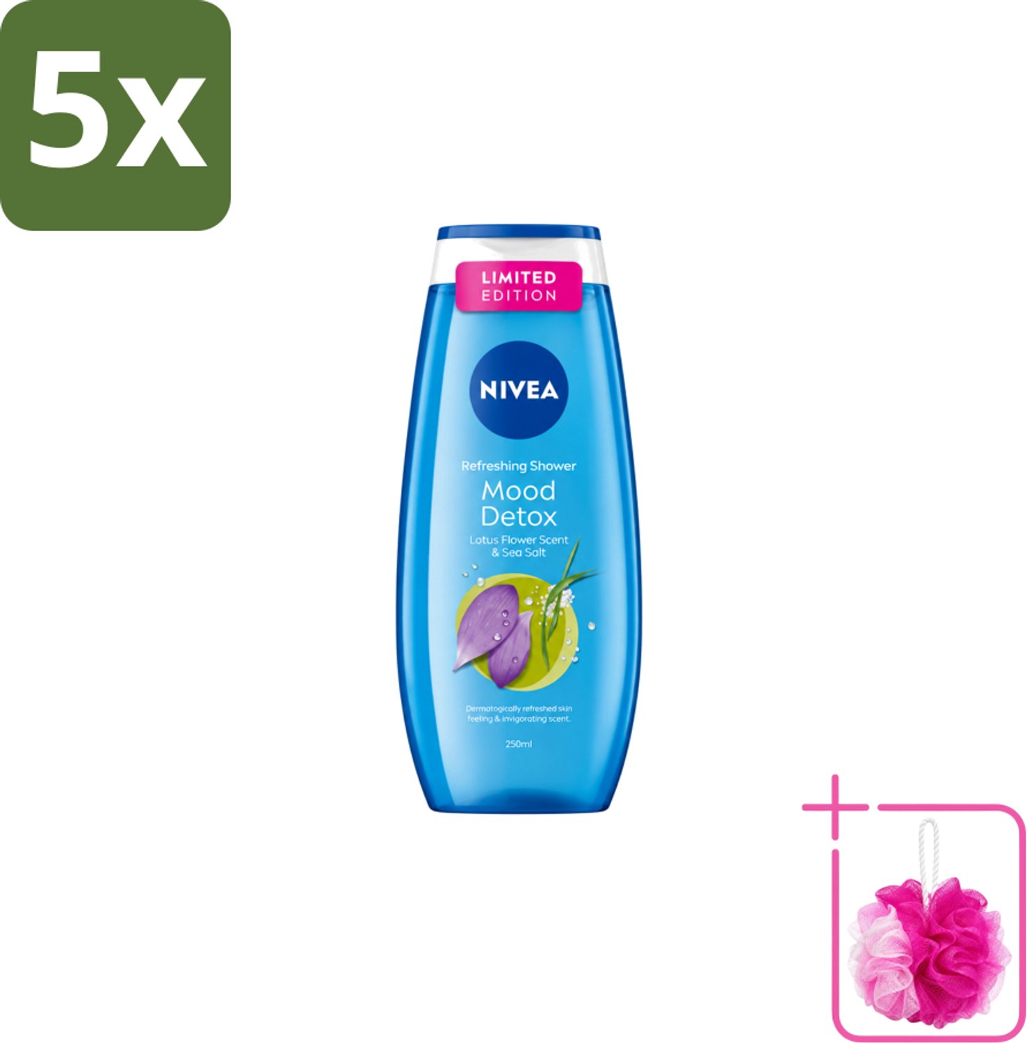 5 x Nivea – Douchegel – Creme Mood Detox – 250 ml - Bulkverpakking - Douchegel - Douchemop - Zeezout