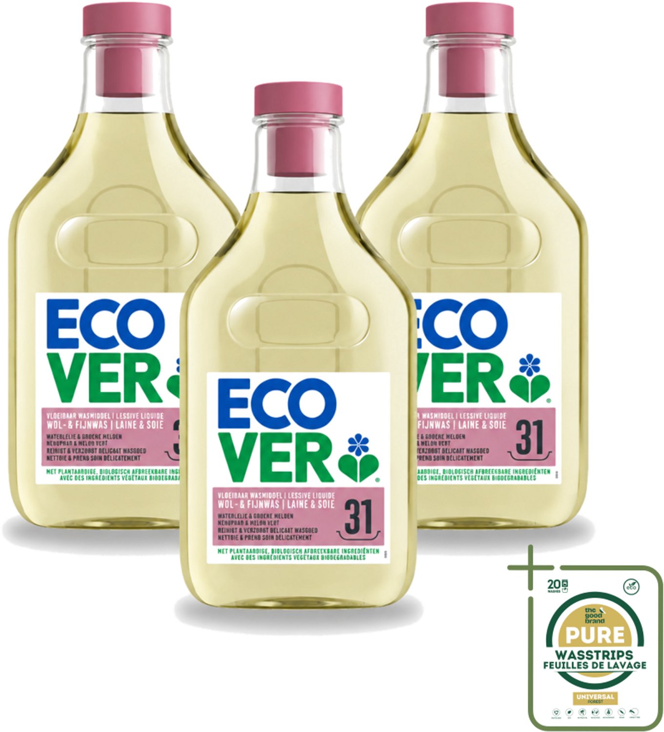 3 x Ecover - Vloeibaar Wasmiddel - Wol & Fijn Was - Waterlelie & Groene Meloen - 31 Wasbeurten - 1.43 L - Wasstrips - Wasmiddel Wol En Fijn Was - Vloeibaar Wasmiddel - Milieuvriendelijk Wasmiddel - Fijn Was - Delicate Stoffen Was
