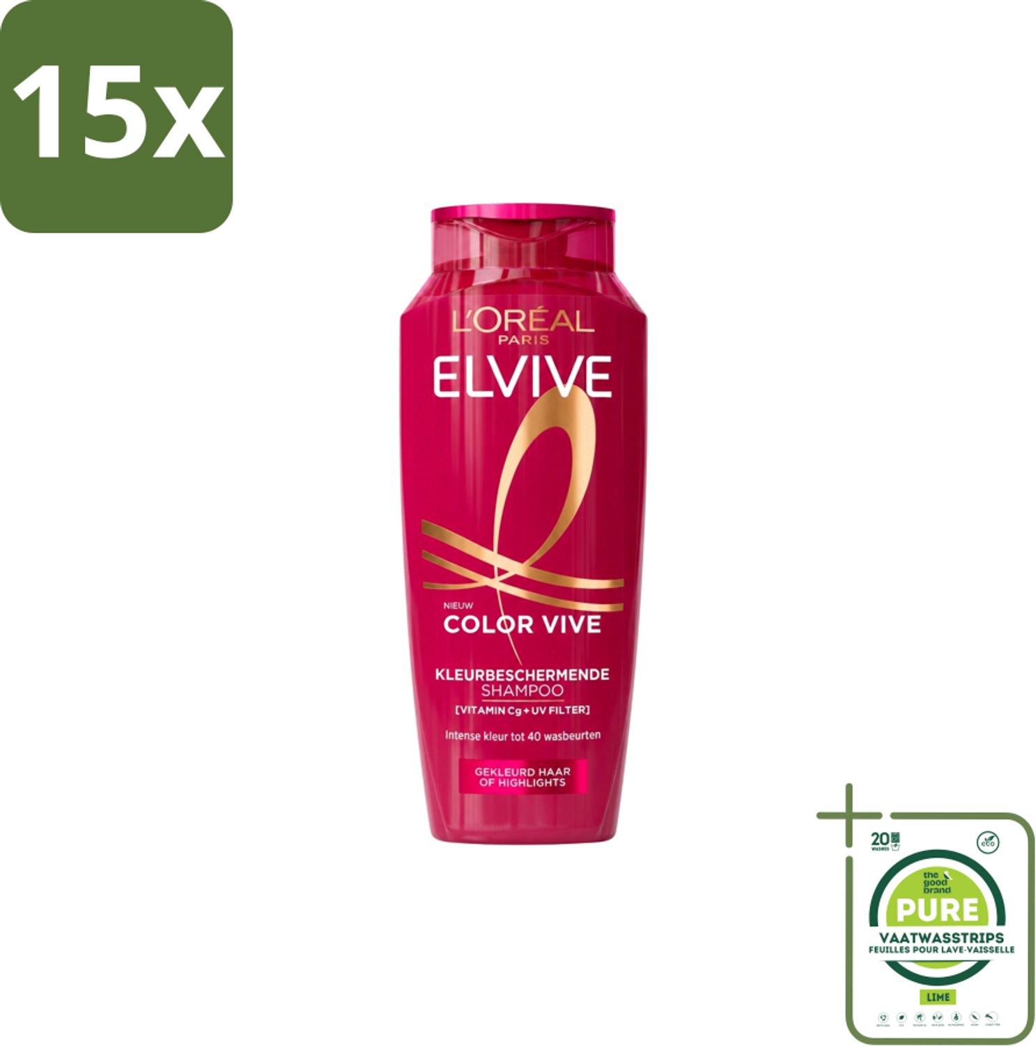15 x L’Oréal Paris Elvive – Shampoo – Color Vive – Gekleurd Haar – 250 ml - Grootverpakking - Vaatwasstrips - Kleurbehoud Haar - Glans Haar - Gekleurd Haar - Highlights - Wasbeurten