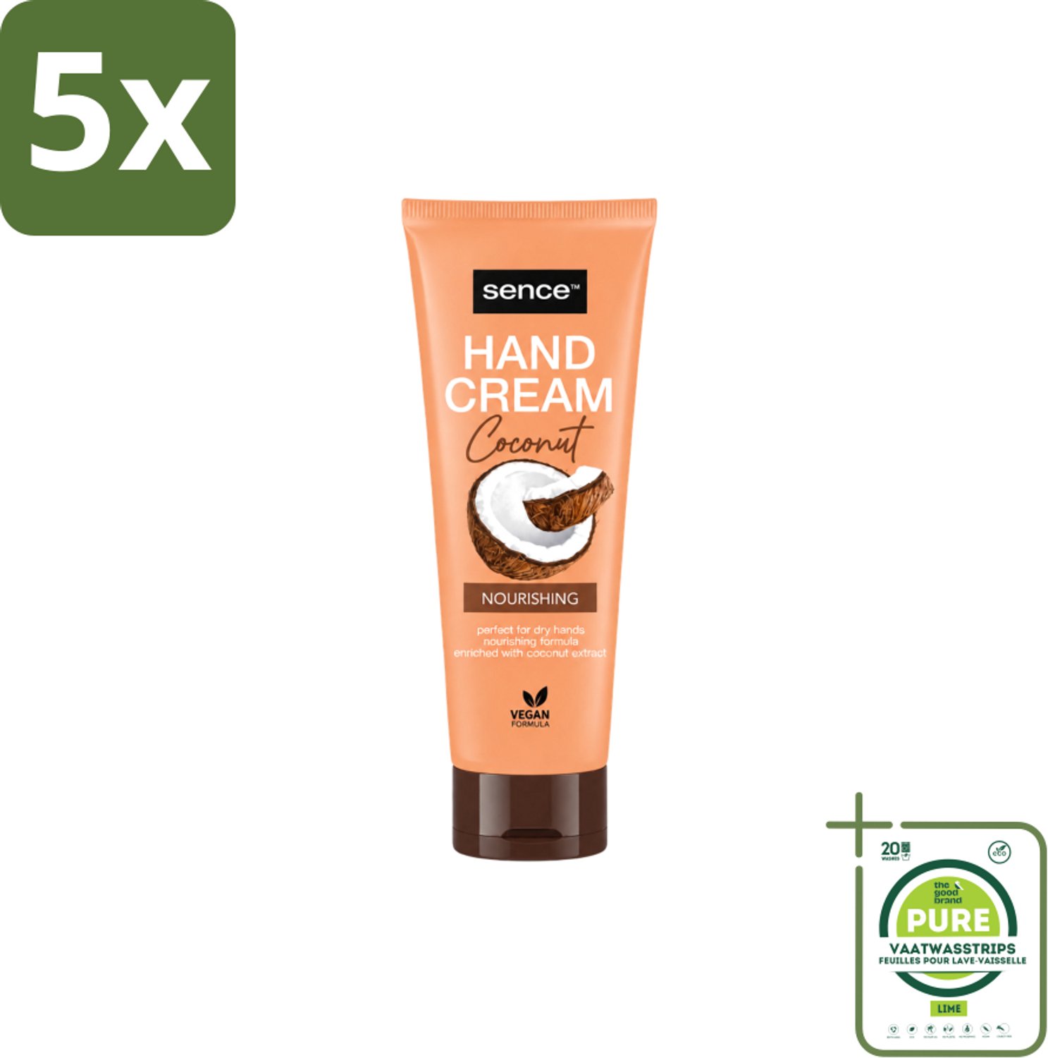 5 x Sence – Handcrème – Coconut Nourishing – 75 ml - Grootverpakking - Vaatwasstrips - Handcrème - Kokosolie - Droge Handen - Hydratatie - Handen Verzorgen