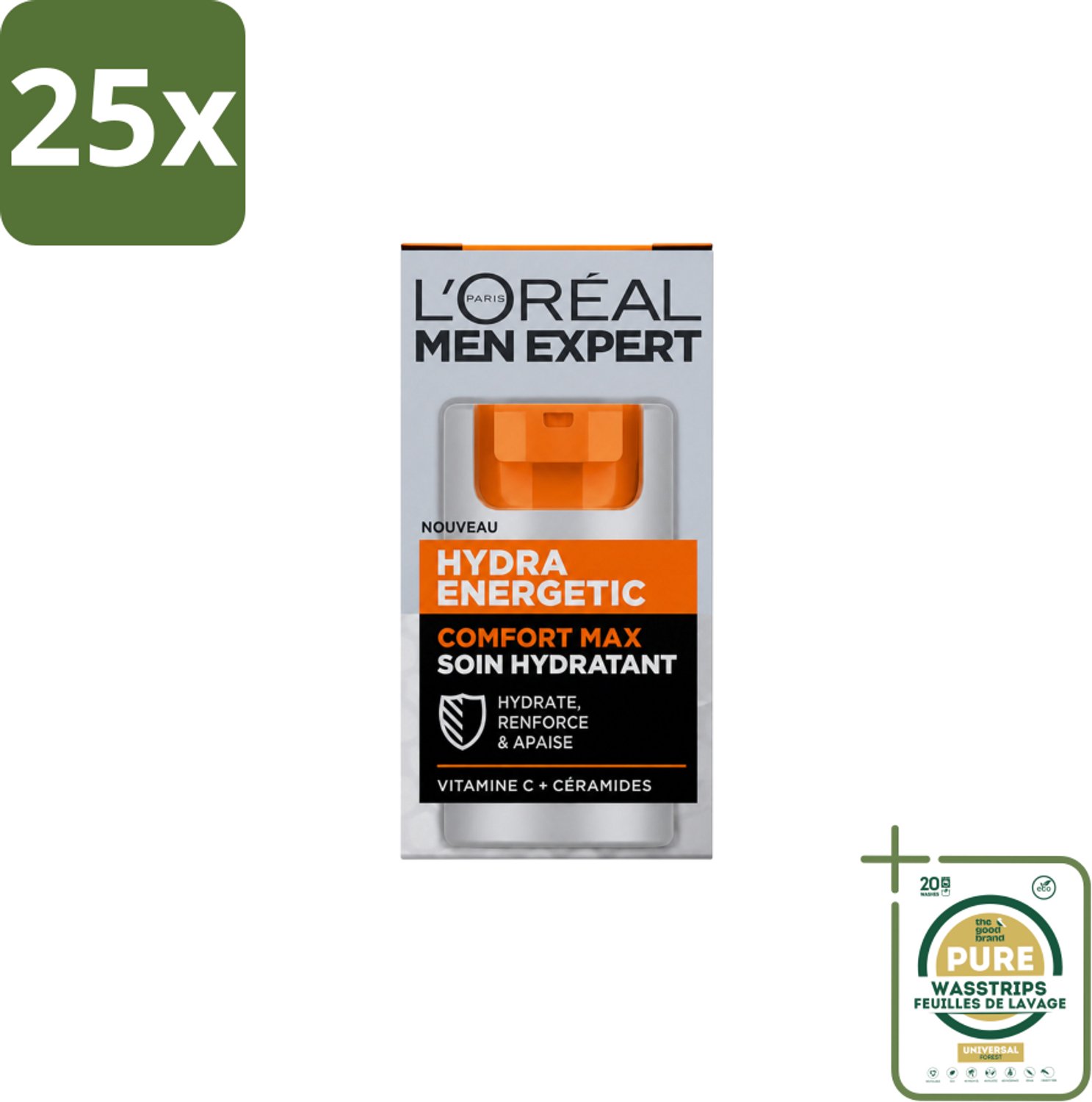 25 x L'Oréal Paris Men Expert Hydra Energetic Comfort Max - Dagcrème - Hydraterend voor Droge Huid - 50 ml - Wasstrips - Dagcrème Voor Mannen - Droge Huid - Hydratatie - Vermoeidheid - Huidbescherming
