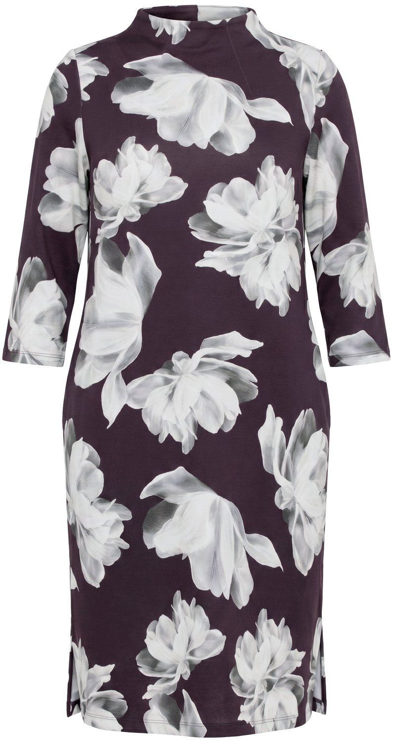 Ulla Popken - Dames - Punto-jurk bloemen opstaande kraag 3/4-mouwen zakken - Mahonie - Maat 58+