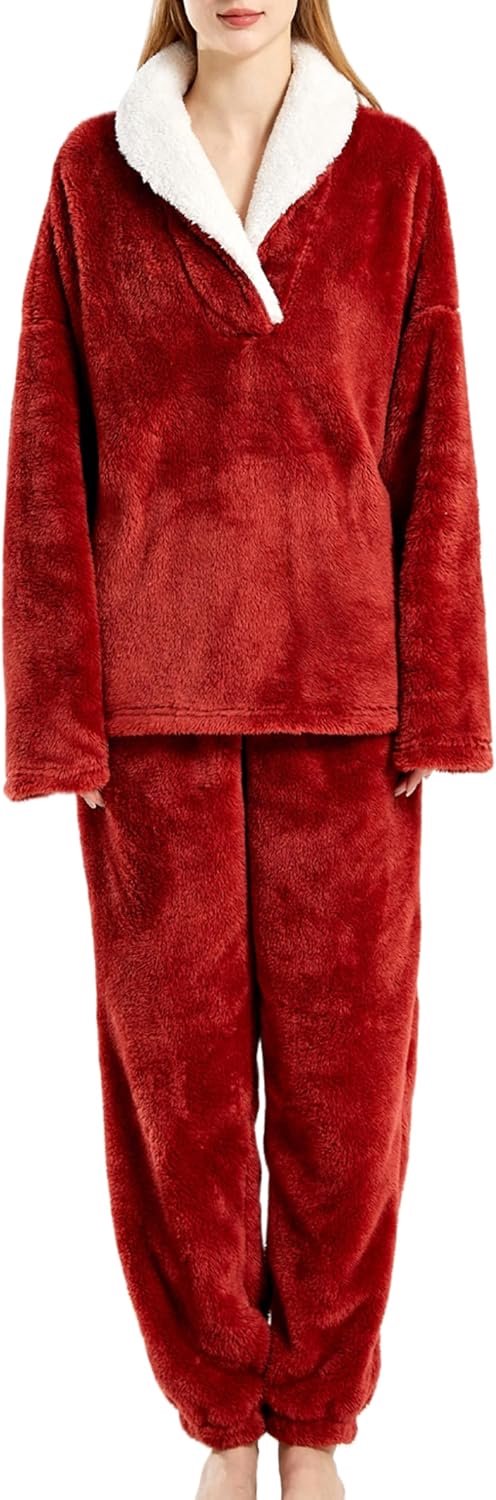 Pyjama voor dames, pluche, lange pyjamaset, winter, warm, wollig, huispak, knuffelige pyjama, voor vrouwen, winter, slaapkleding, EU XS-XL