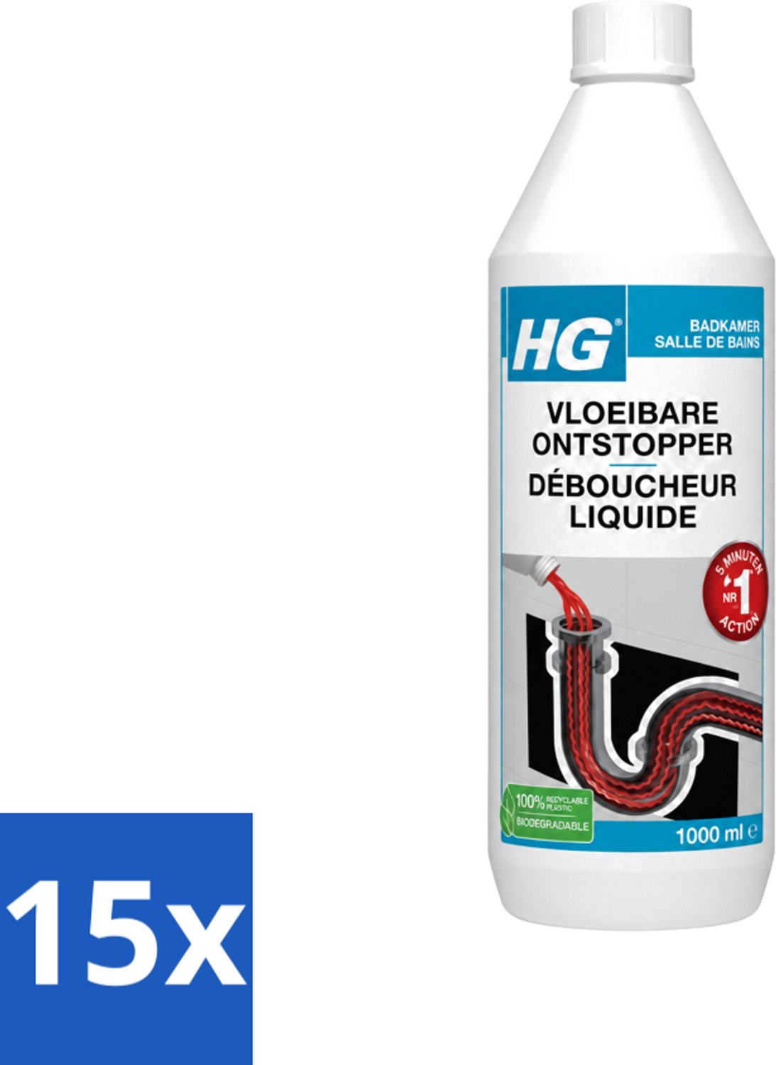 15 x HG - Vloeibare Ontstopper - Gebruiksklaar - Bruist & Spat Niet - Resultaat In 5 Minuten - 1L - Voordeelverpakking - 15 stuks