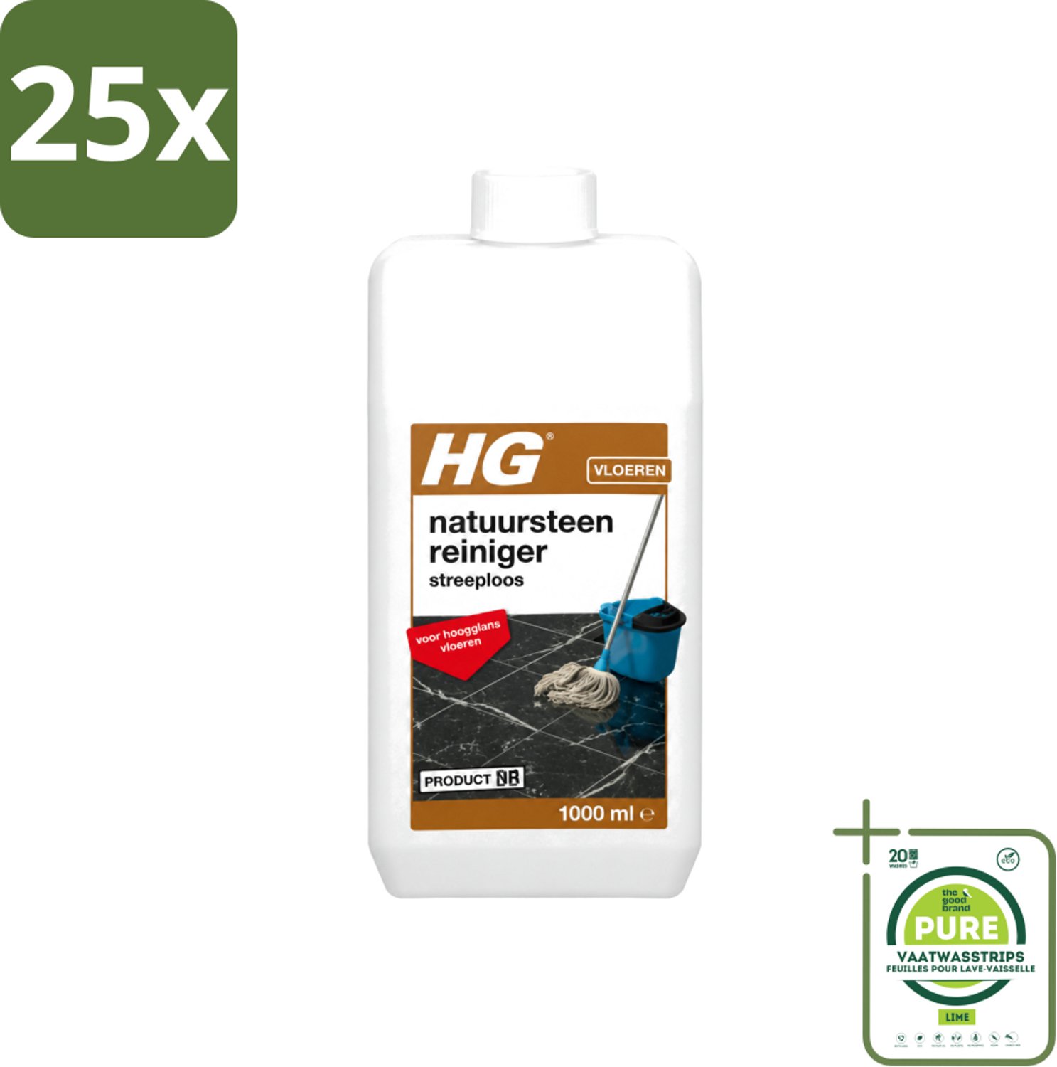25 x HG - Natuursteenreiniger Streeploos - Voor Hoogglans Vloeren - 20 Dweilbeurten - 1L - Grootverpakking - Vaatwasstrips - Natuursteen Reinigen - Hoogglans Vloeren Reinigen - Streeploze Reiniger - Natuursteen Vloer Reinigen - Marmer Reinigen