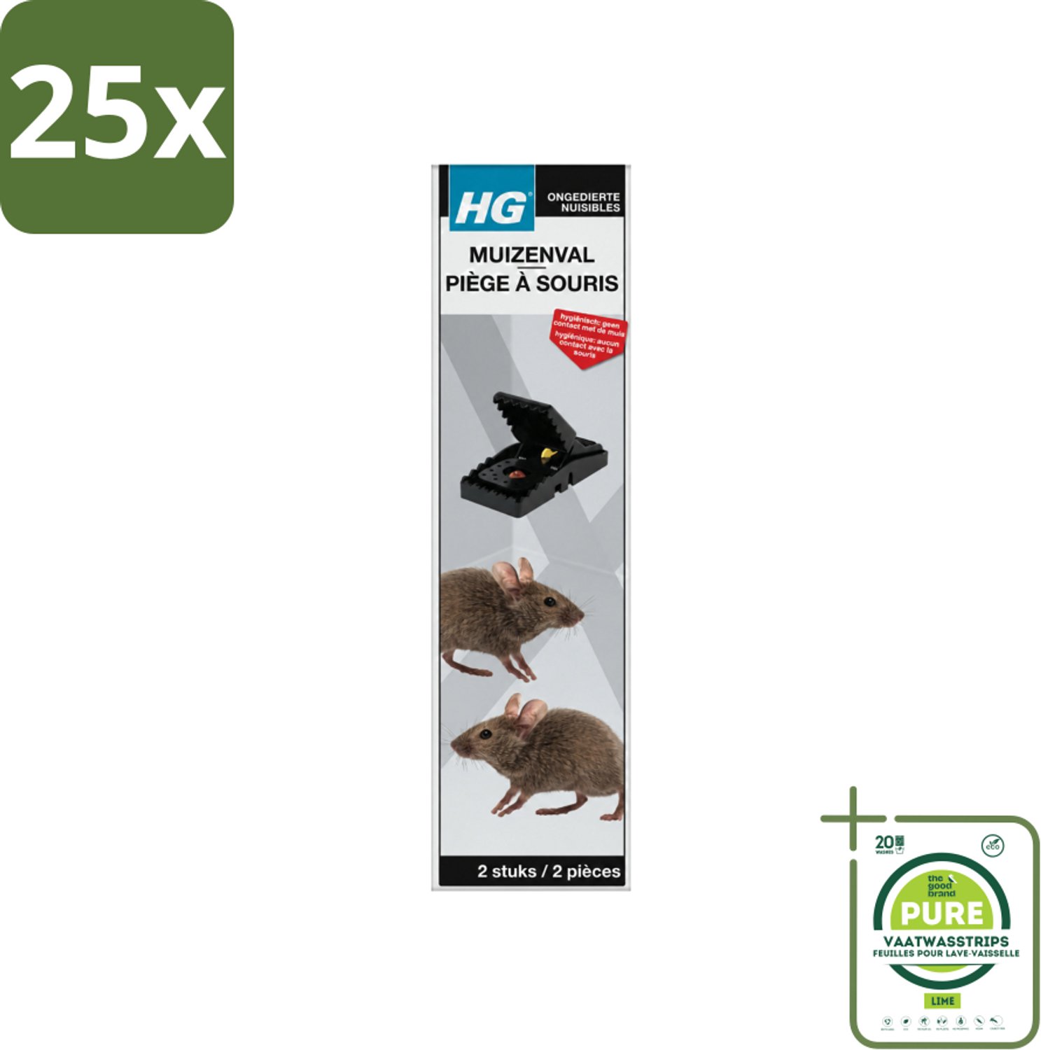 25 x HG X - Muizenval - Zeer Effectief & Hygiënisch - 2 Vallen - Grootverpakking - Vaatwasstrips - Muizenval - Muizenbestrijding - Hygiëne - Herbruikbare Muizenval - Effectieve Muizenval