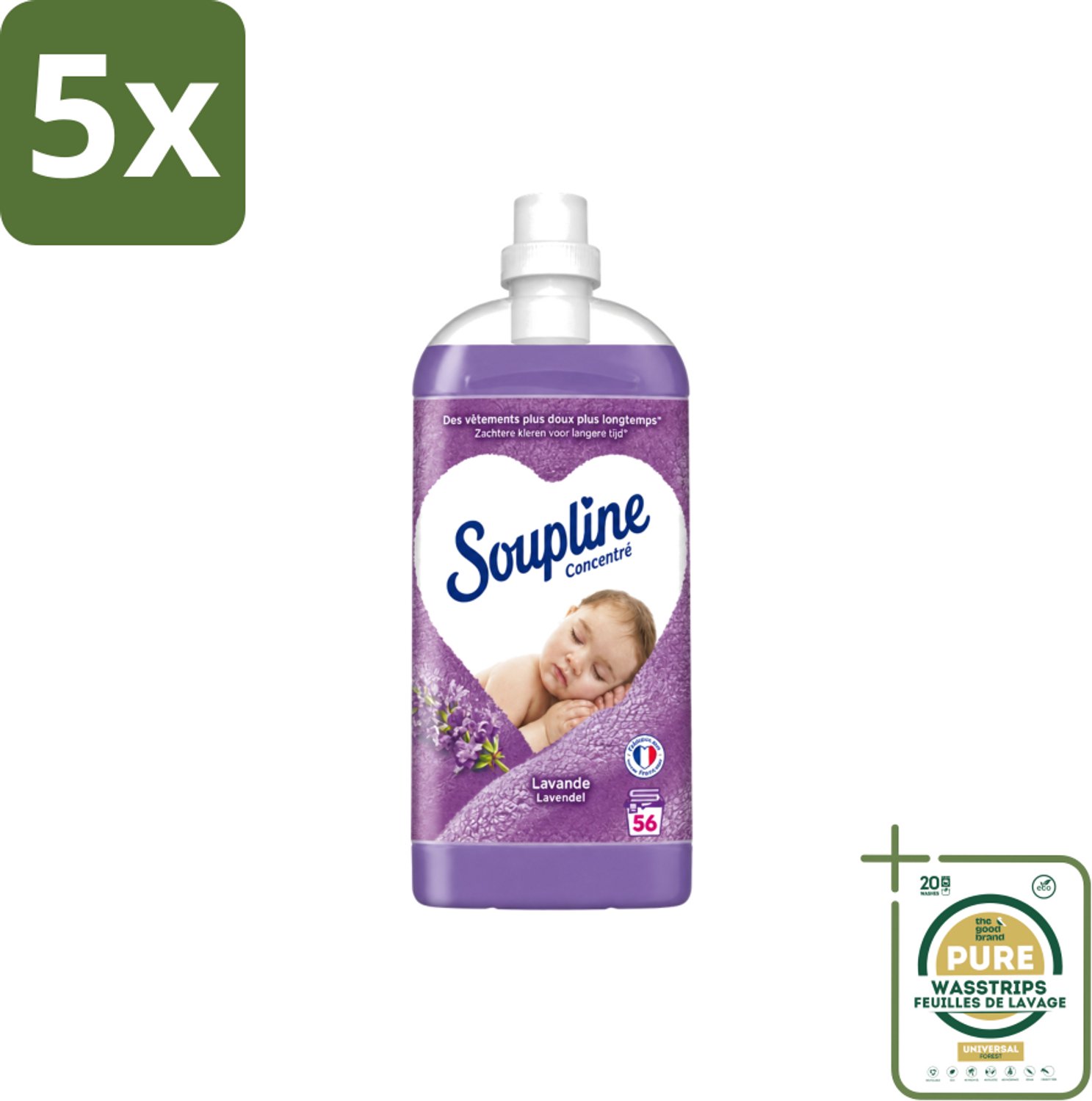 5 x Soupline - Wasverzachter - Lavendel - 56 Wasbeurten - 1.3L - Wasstrips - Wasverzachter - Wasgoed Verzachten - Lavendel Geur - Wasgoed Verzorgen - Wasverzachter Lavendel