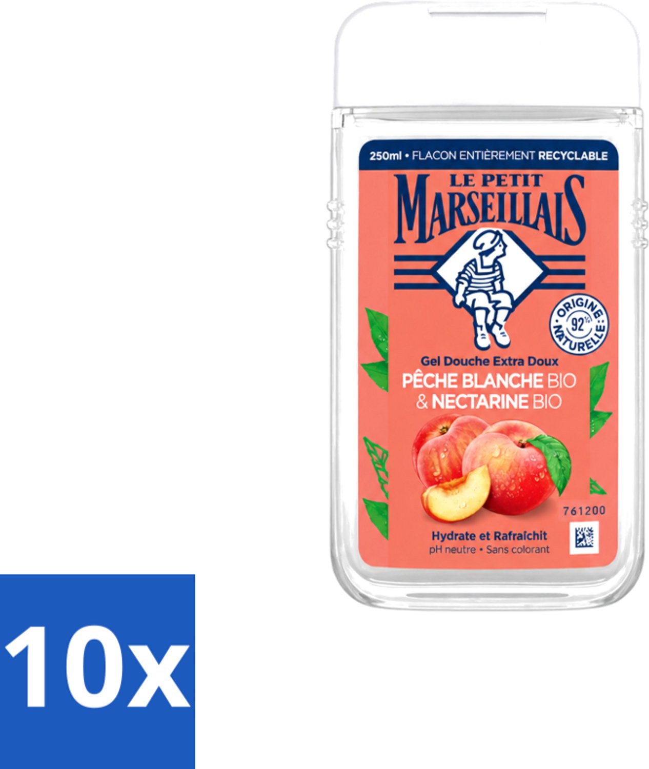 10 x Le Petit Marseillais – Douchegel – Pêche Blanche & Nectarine Bio – 250 ml - Voordeelverpakking - 10 stuks