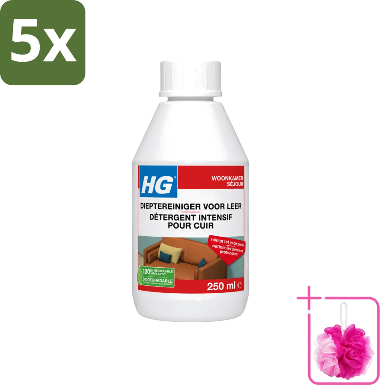 5 x HG - Dieptereiniger Voor Leer - Veilig & Milde Reiniging - 250 ml - Bulkverpakking - Leer reinigen - Douchemop - Leer reiniger